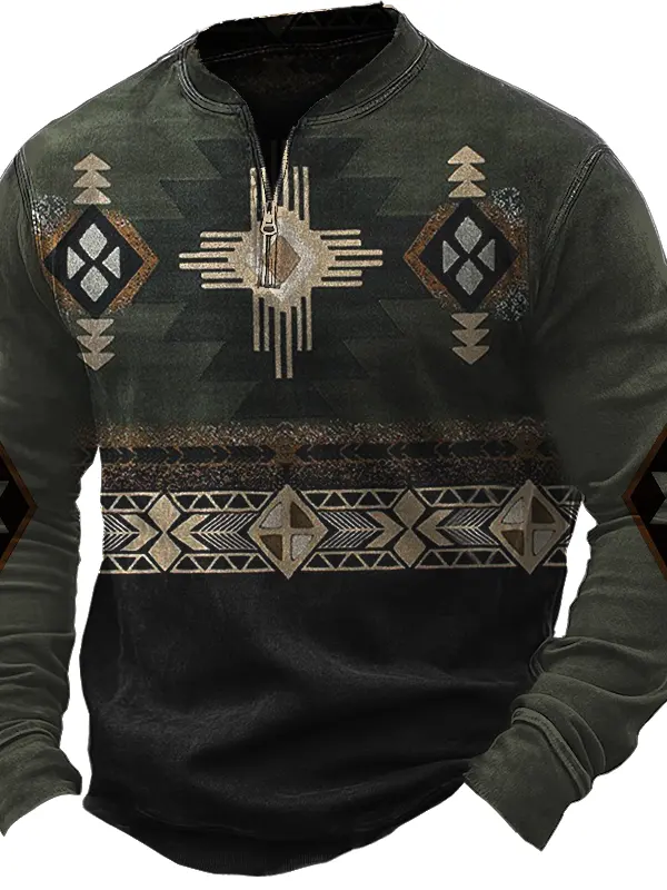Men's Vintage Quarter Zip Collar Hunt Aztec Print Sweatshirt - Pragmaace.com 