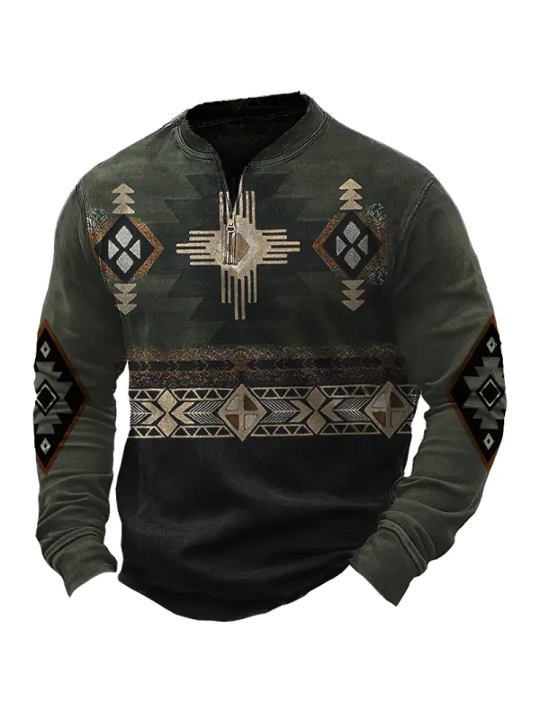 Men's Vintage Quarter Zip Collar Hunt Aztec Print Sweatshirt - Localziv.com 
