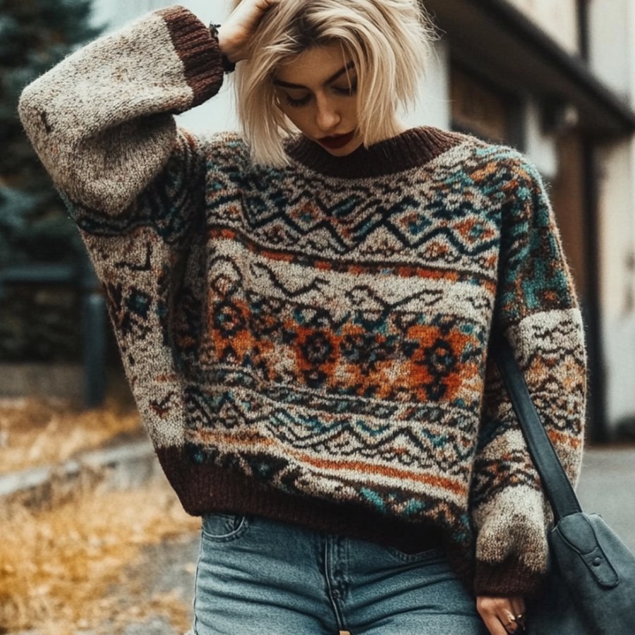 

Women's Vintage Ethnic Style Christmas Print Round Neck Oversized Sweatshirt