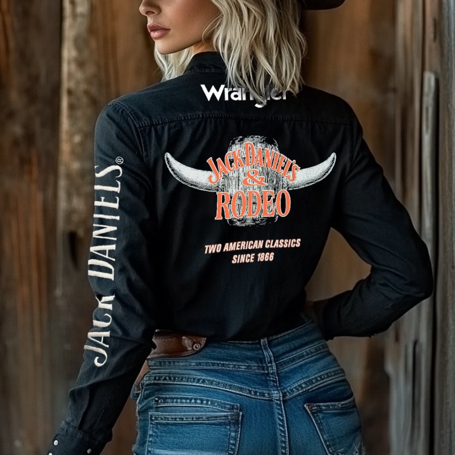 

Women's Western Cowgirl PBR Whiskey Print Long Sleeve Black Shirts