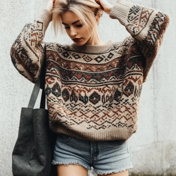 Women's Vintage Ethnic Style Christmas Print Round Neck Oversized Sweatshirt - Elementnice.com 