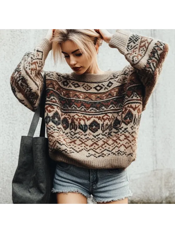 Women's Vintage Ethnic Style Christmas Print Round Neck Oversized Sweatshirt - Realyiyi.com 