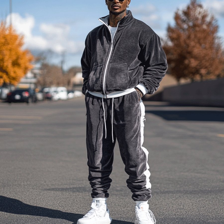 

Men's Gray Velour Tracksuit Set 2 Piece Zip Up Sweatshirt Jacket Drawstring Pants