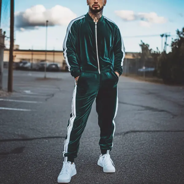 Men's Deep Green Velour Tracksuit Set 2 Piece Zip Up Sweatshirt Jacket Drawstring Pants - Wayrates.com 