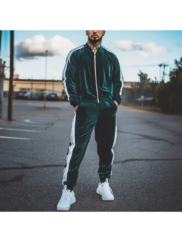 Men's Deep Green Velour Tracksuit Set 2 Piece Zip Up Sweatshirt Jacket Drawstring Pants - Localziv.com 