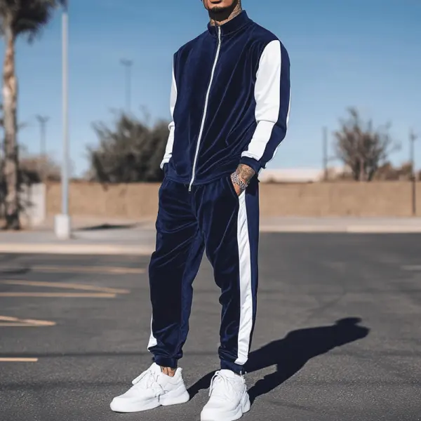 Men's Navy Blue Velour Tracksuit Set 2 Piece Zip Up Sweatshirt Jacket Drawstring Pants - Wayrates.com 