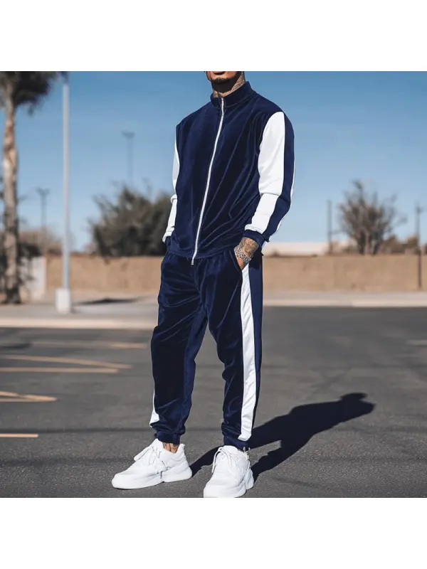Men's Navy Blue Velour Tracksuit Set 2 Piece Zip Up Sweatshirt Jacket Drawstring Pants - Localziv.com 
