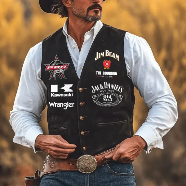 Men's Western Cowboy Vintage PBR Teams Jack Daniels Jim Beam Black Suede Vest - Cotosen.com 