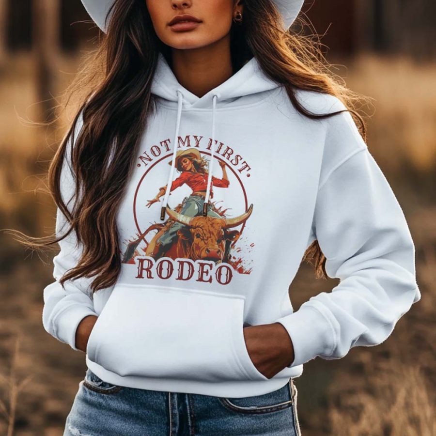 

Women's Vintage Western Cowgirl Not My First Rodeo Print Pocket White Hoodie