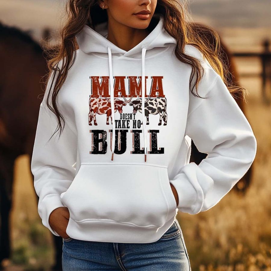 

Women's Vintage Western Cowgirls Mama Doesn't Take No Bull Print Pocket White Hoodie