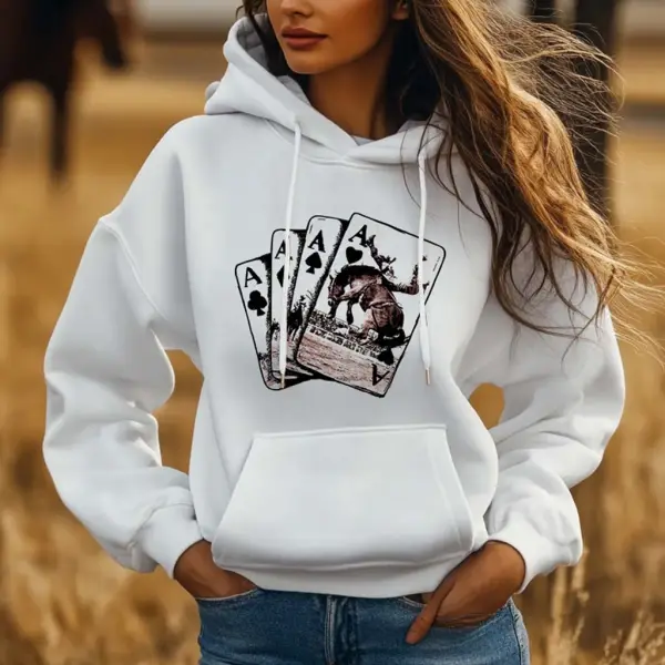 Women's Vintage Western Cowgirl Playing Cards Print Pocket White Hoodie - Wayrates.com 