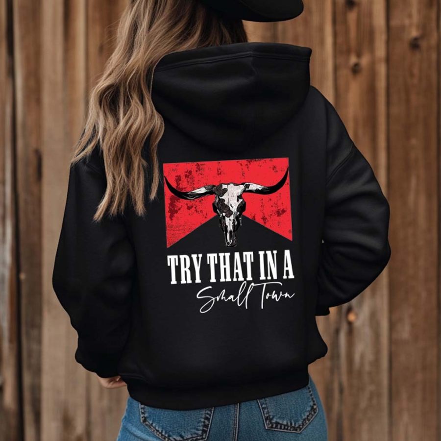 

Women's Vintage Western Cowgirls Try That In A Small Town Print Pocket Black Hoodie