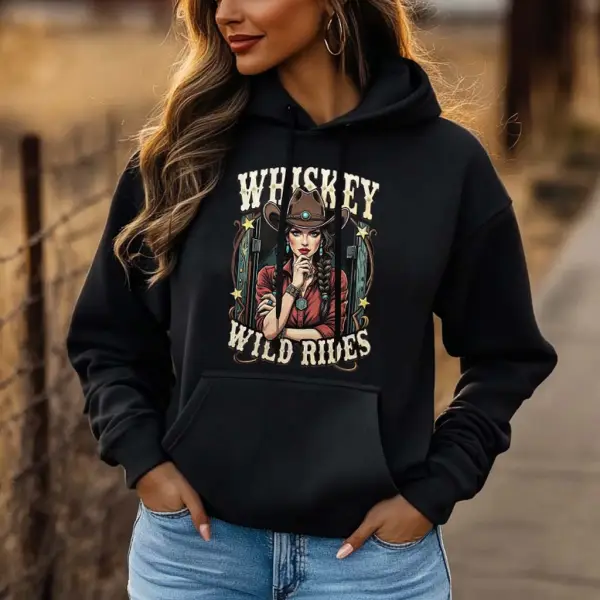 Women's Vintage Western Cowgirl Whiskey Wild Rides Print Pocket Black Hoodie - Wayrates.com 