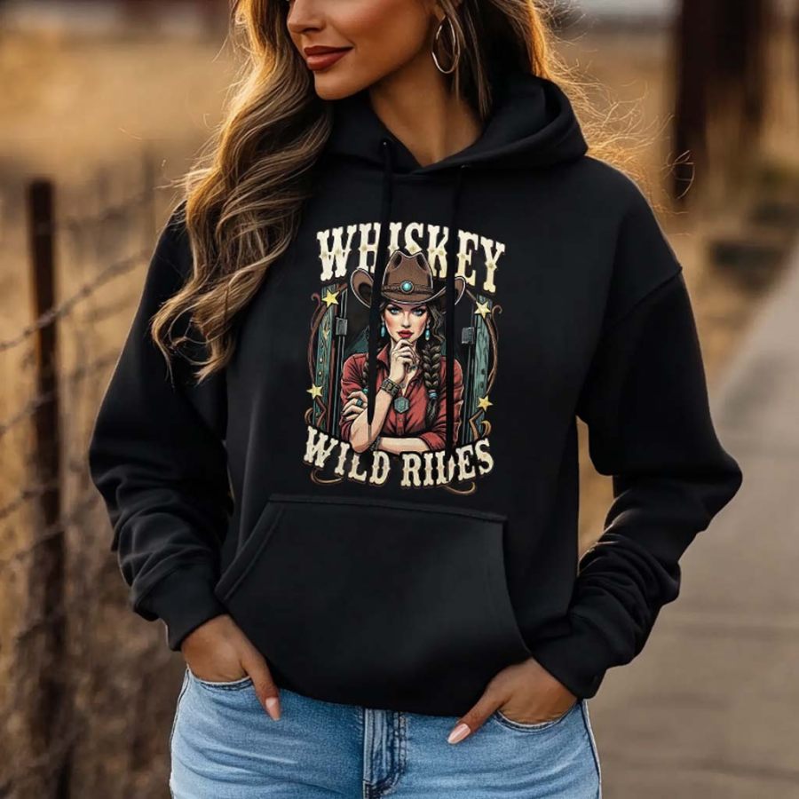 

Women's Vintage Western Cowgirl Whiskey Wild Rides Print Pocket Black Hoodie