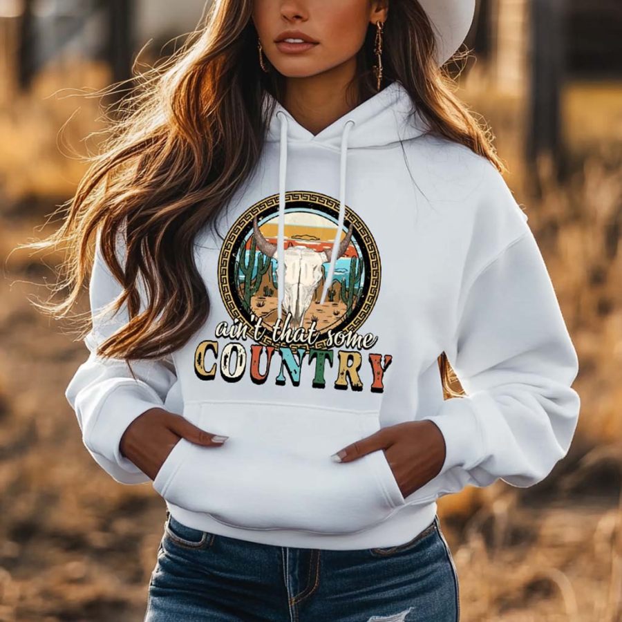 

Women's Vintage Western Cowgirl Ain't That Some Country Print Pocket White Hoodie