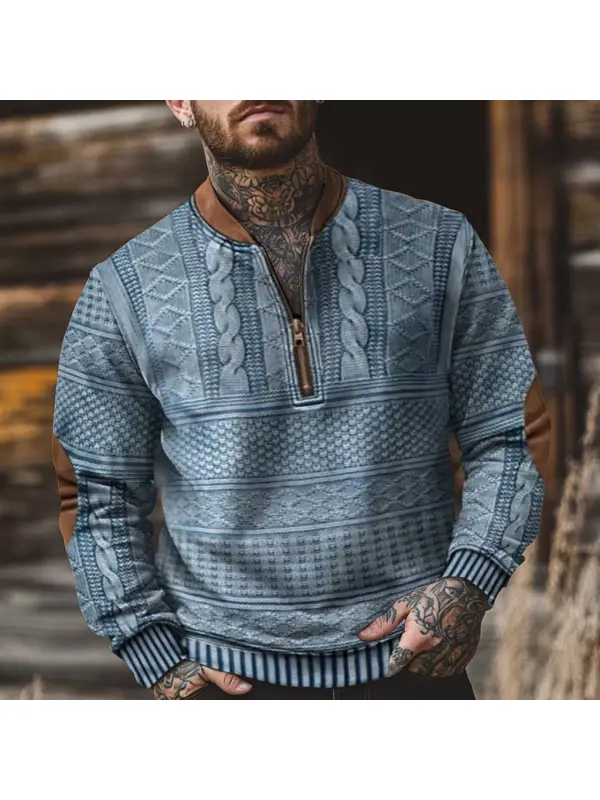 Men's Vintage 3D Print Knit Color Block Henley Zipper Long Sleeve Sweatshirt - Anrider.com 