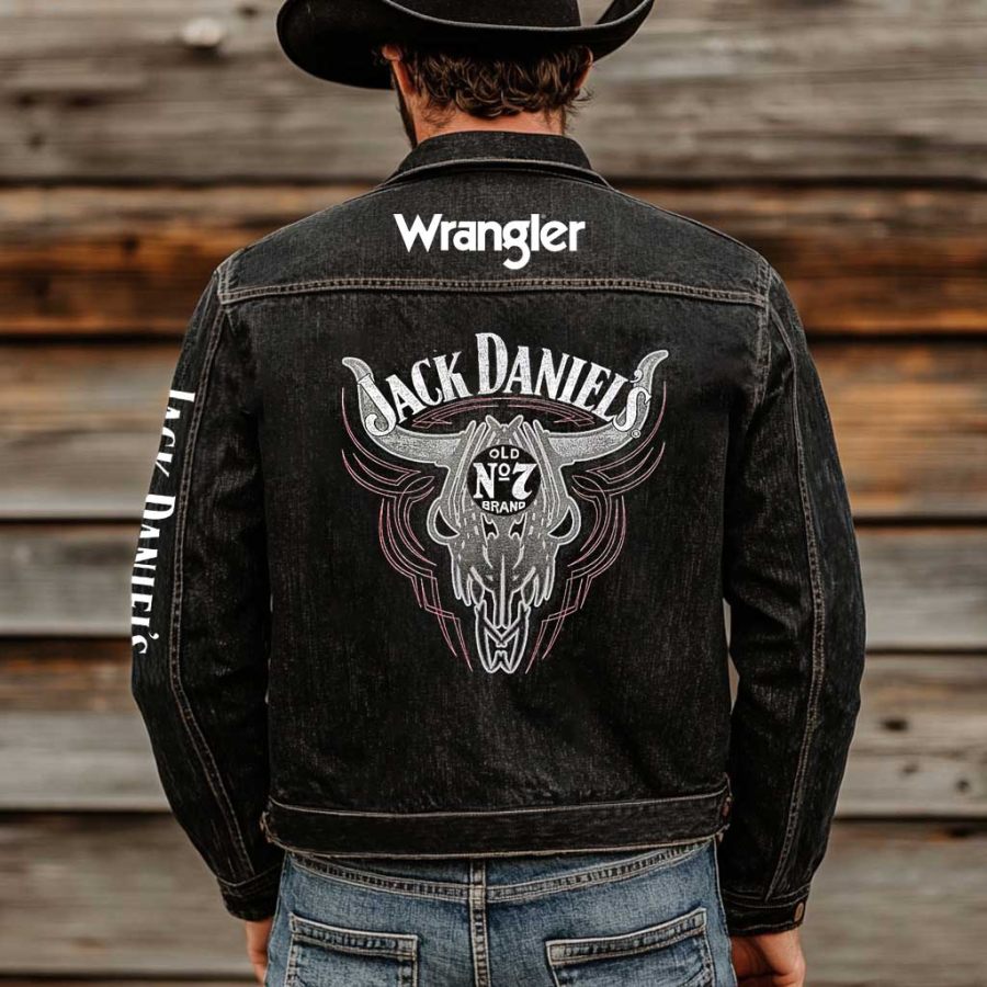 

Men's Western Cowboy Outdoor PBR Whiskey Cow Head Pocket Lapel Denim Jacket