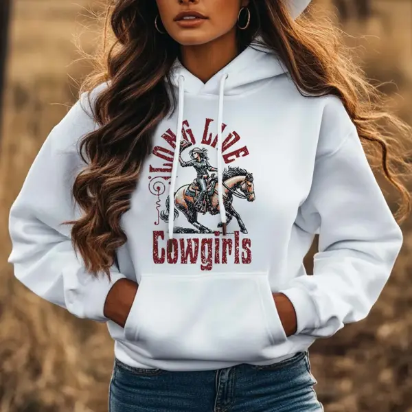 Women's Vintage Western Long Live Cowgirls Print Pocket White Hoodie - Wayrates.com 