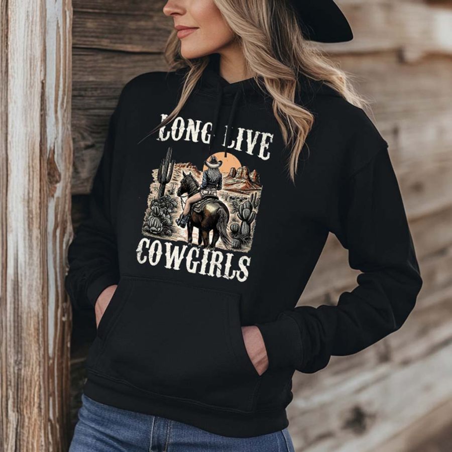 

Women's Vintage Western Long Live Cowgirls Print Pocket Black Hoodie