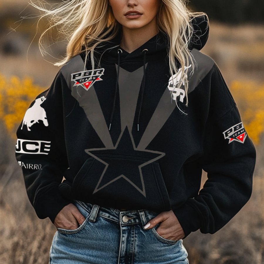 

Women's Western Cowgirl PBR Print Long Sleeve Oversize Hoodie