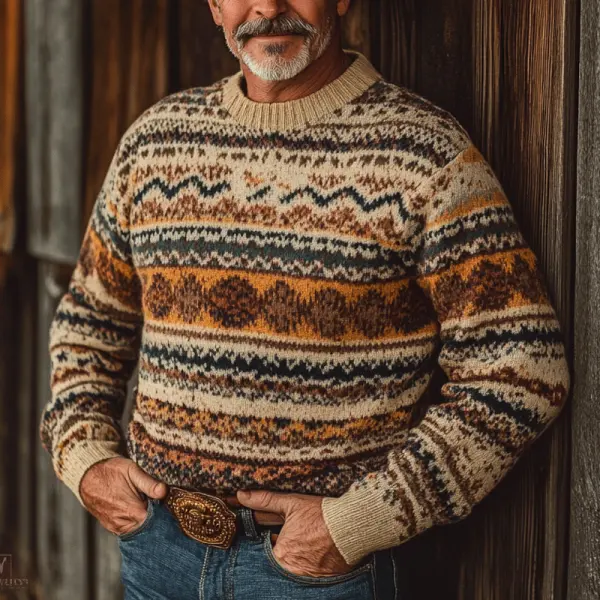 Men's Vintage Western Cowboy Ethnic Print Round Neck Khaki Sweatshirt - Mushope.com 
