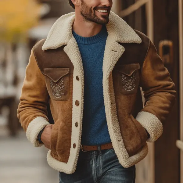 Men's Vintage Outdoor Suede Spliced Pocket Flip Collar Lamb Wool Jacket - Wayrates.com 