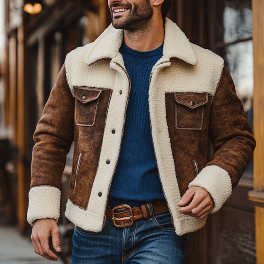 

Men's Vintage Outdoor Suede Spliced Pocket Lamb Wool Jacket