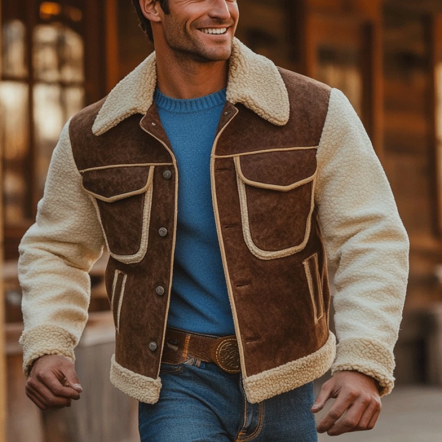 

Men's Vintage Outdoor Suede Spliced Lambskin Jacket