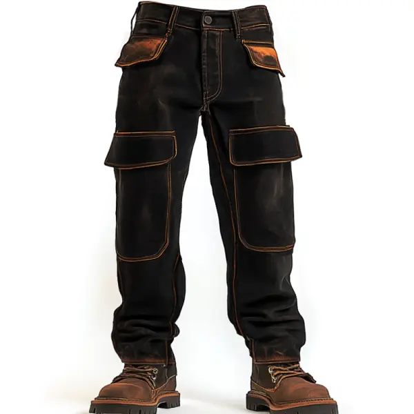Men's Vintage Outdoor Colorblock Pocket Hunting Wild Deer Print Cargo Pants Black - Wayrates.com 