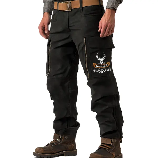 Men's Vintage Zipper Pocket Hunting Wild Deer Print Cargo Pants Black - Wayrates.com 