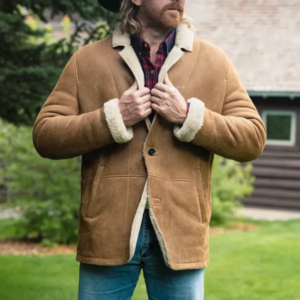 Men's Vintage Leather Shearling Fleece Fur Lapel Collar Outdoor Bomber Jacket - Wayrates.com 