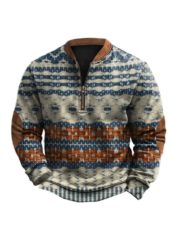 Men's Vintage Geometric Pattern 3D Print Color Block Zipper Long Sleeve Sweatshirt - Anrider.com 