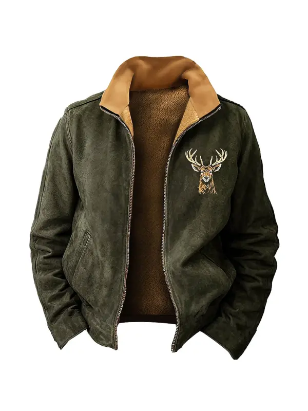 Men's Vintage Deer Suede Fleece Wool Fur Collar Coat Jacket - Aptkoi.com 