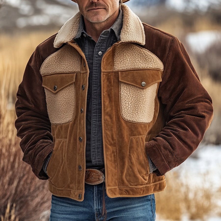 

Men's Vintage Corduroy Suede Patchwork Fleece Fur Lapel Collar Outdoor Bomber Jacket