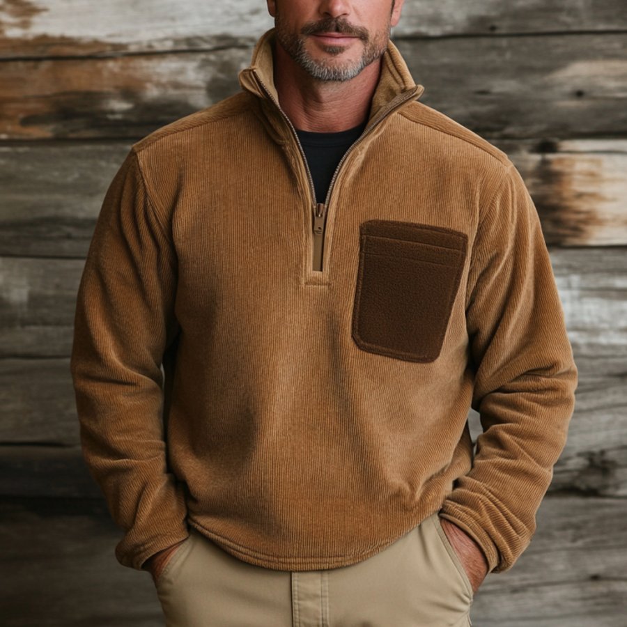 

Men's Vintage Corduroy Color Block Fleece Stand Collar Quarter Zip Sweatshirt