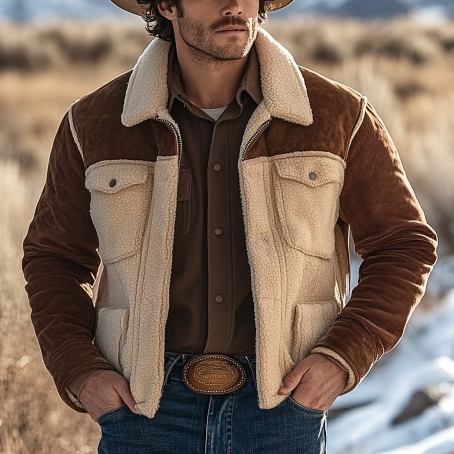 

Men's Vintage Suede Patchwork Fleece Fur Lapel Collar Outdoor Bomber Jacket