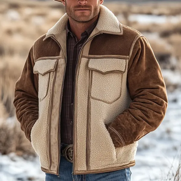Men's Vintage Suede Patchwork Fleece Fur Lapel Collar Outdoor Bomber Jacket - Wayrates.com 