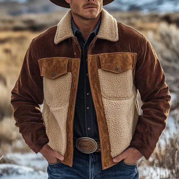 Men's Vintage Corduroy Suede Patchwork Fleece Fur Lapel Collar Outdoor Bomber Jacket - Wayrates.com 
