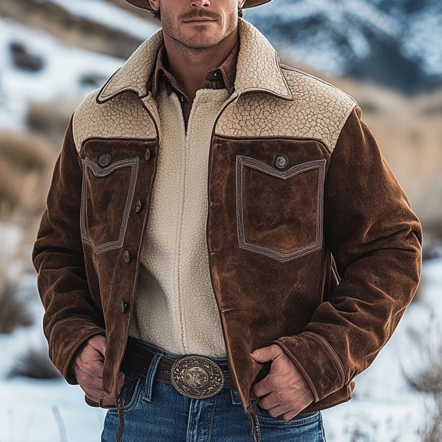 

Men's Vintage Suede Patchwork Fleece Fur Lapel Collar Outdoor Bomber Jacket
