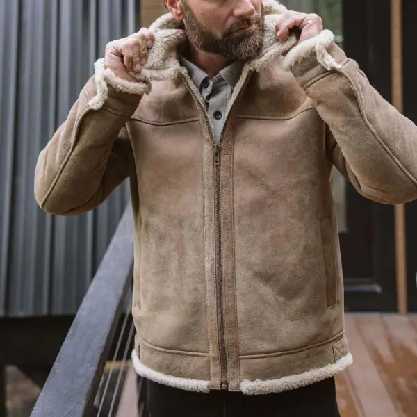Men's Vintage Leather Shearling Fleece Fur Lapel Collar Outdoor Bomber Jacket - Wayrates.com 