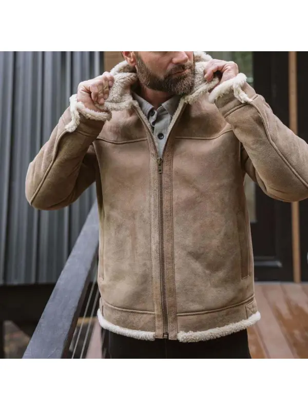 Men's Vintage Leather Shearling Fleece Fur Lapel Collar Outdoor Bomber Jacket - Ootdmw.com 