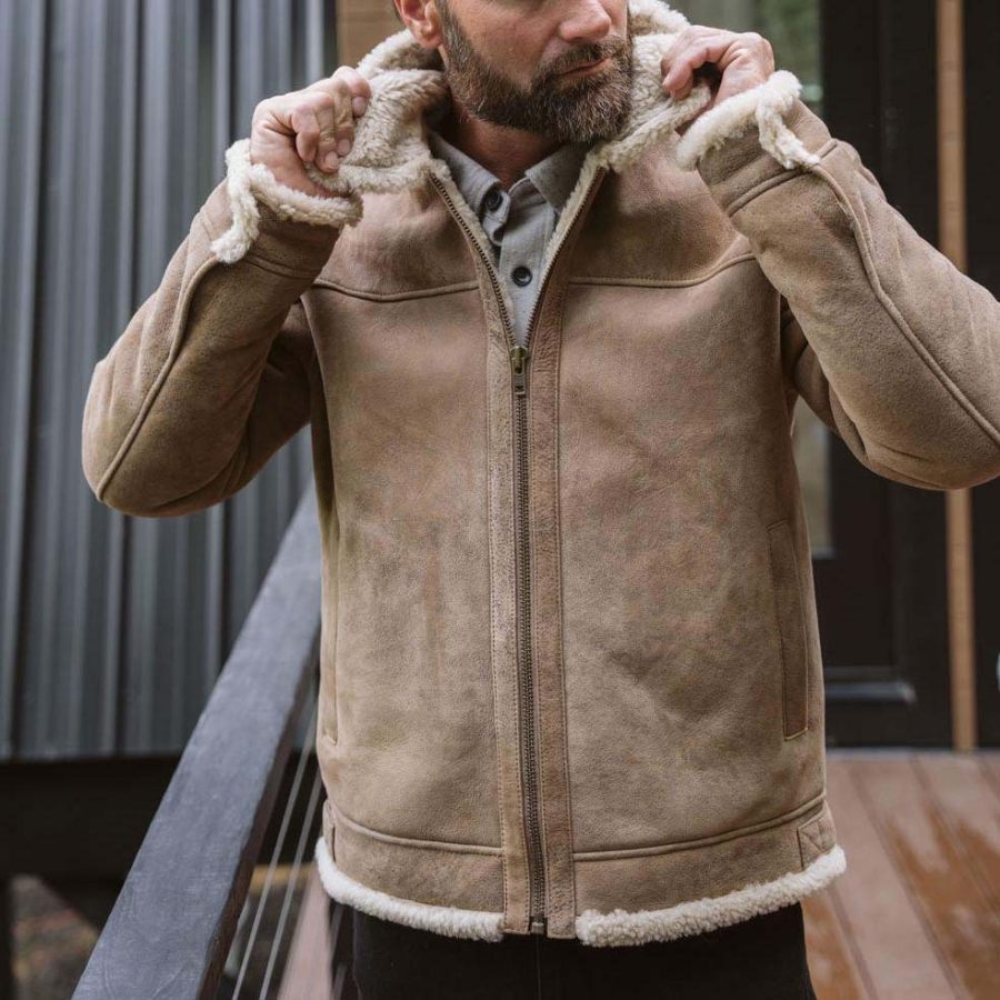 

Men's Vintage Leather Shearling Fleece Fur Lapel Collar Outdoor Bomber Jacket