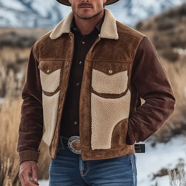 Men's Vintage Corduroy Suede Patchwork Fleece Fur Lapel Collar Outdoor Bomber Jacket - Wayrates.com 