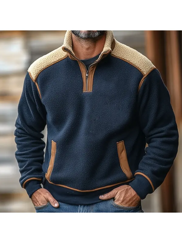 Men's Vintage Fleece Color Block Stand Collar Quarter Zip Sweatshirt - Anrider.com 