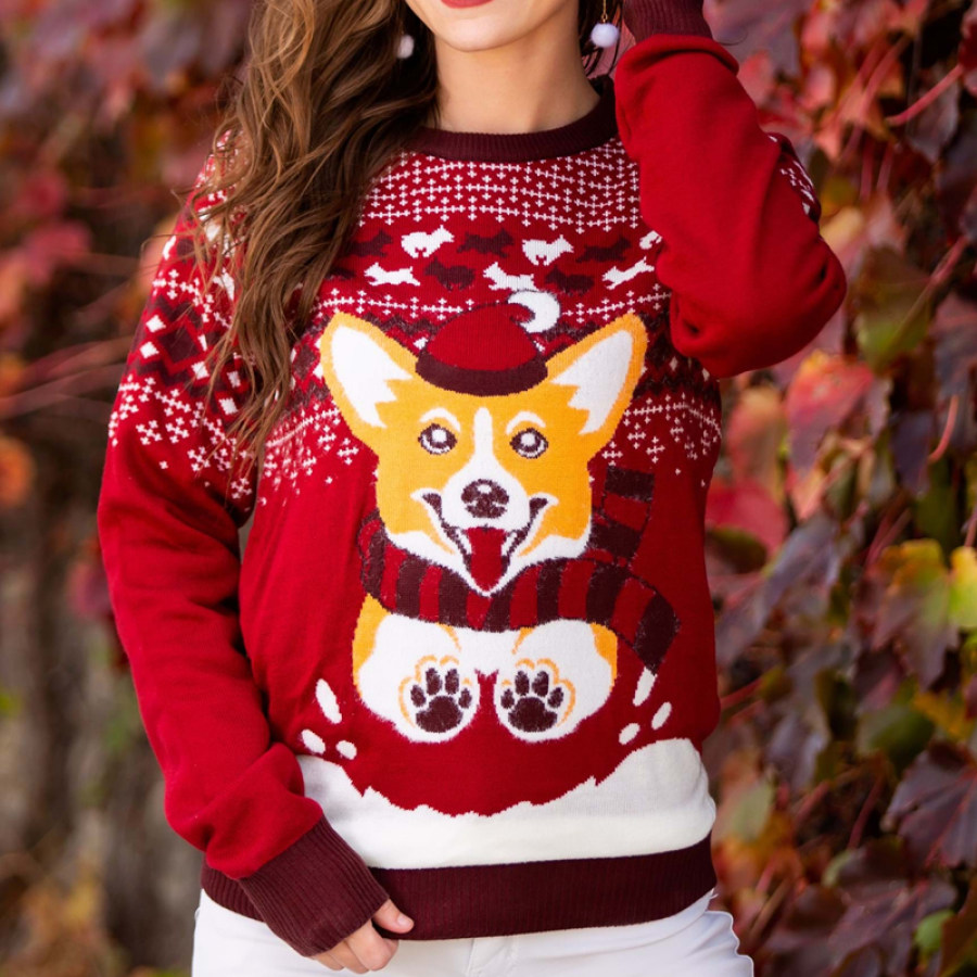 

Women's Christmas Print Round Neck Red Oversize Sweatshirt