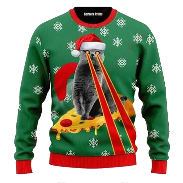 Pizza Cat With Laser Eyes Christmas Special Holiday Ugly Christmas Sweatshirt - Spiretime.com 