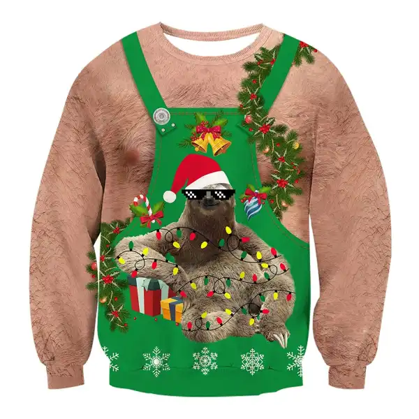 Unisex Hairy Chest Sloth Print Crew Neck Ugly Christmas Sweatshirt - Wayrates.com 