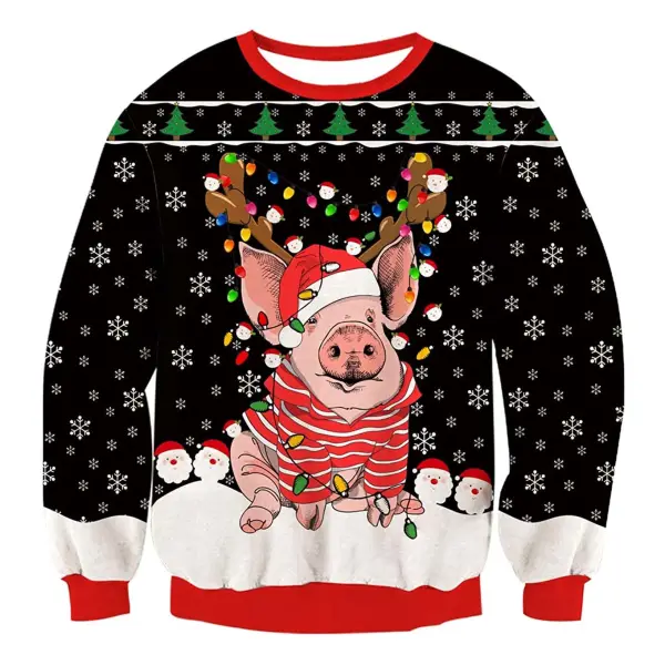 Unisex Bulb Pig Print Crew Neck Ugly Christmas Sweatshirt - Wayrates.com 