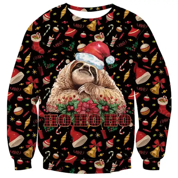 Unisex Sloth Print Crew Neck Ugly Christmas Sweatshirt - Wayrates.com 