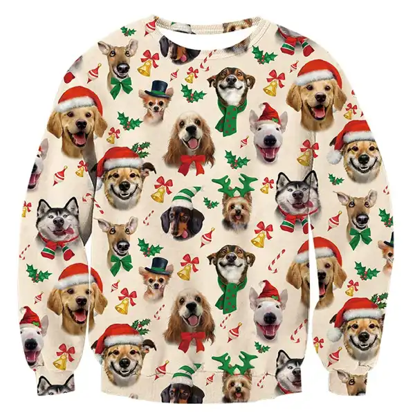Unisex Cute Puppy Print Crew Neck Ugly Christmas Sweatshirt - Wayrates.com 
